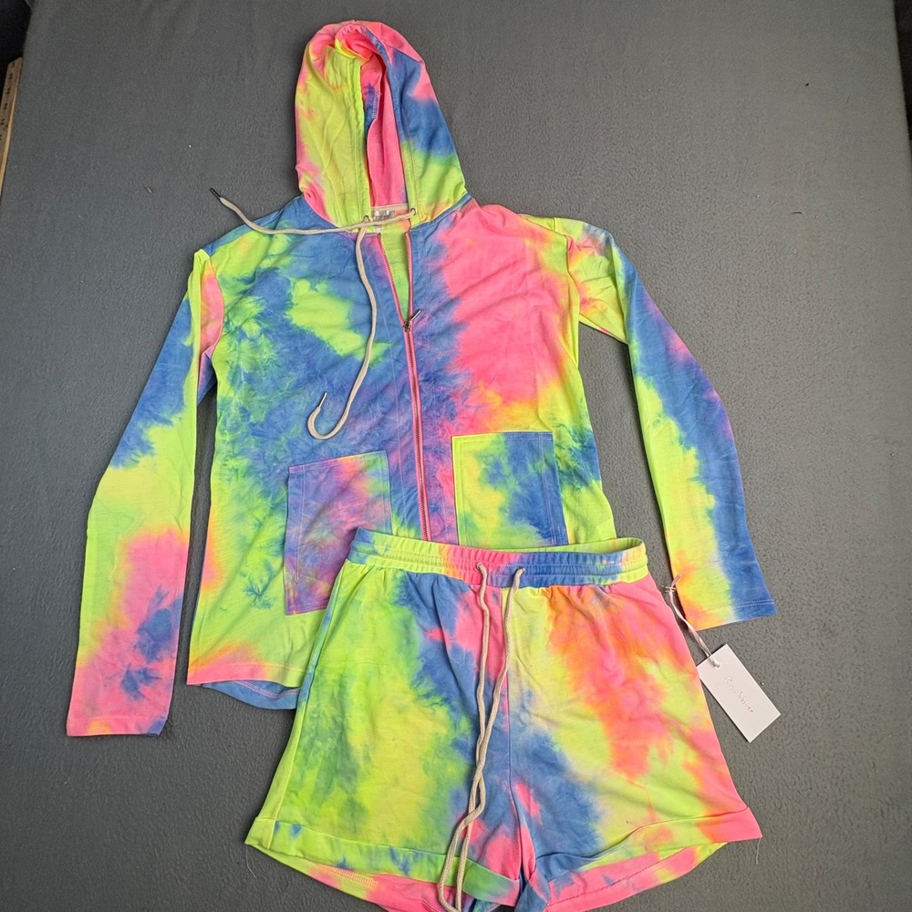 Rosevelvet Neon Tie Dye Hoodie and Shorts Set Size M Pink Yellow Blue Loungewear